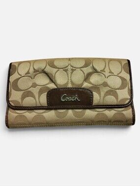 Coach Signature Canvas Wallet in Khaki and Brown Trim